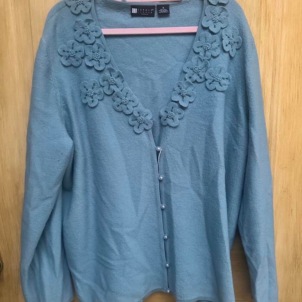 Carole Little 100% Wool Floral Appliqué Cardigan 1X Cottagecore grandma chic